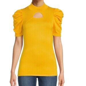 Light weight knit top with volumes sleeves and cut out front, yellow